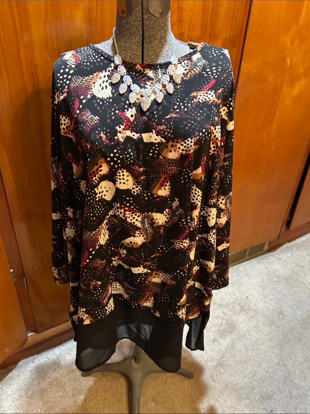 Avenue Black Abstract Print Long Sleeve Tunic with Cream and Burgundy Accents